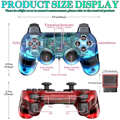 Vista 7 de Degulan Wireless Controller Compatible with PS-2 Console, Remote Gamepad for Play 2 (ClearRed and ClearBlue)