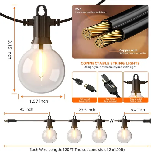 Vista 6 de Kawaya Tira de luces LED de 240 pies para exteriores, impermeable, regulable, G40, globo G40, iluminación para exteriores con 120 + 4 bombillas