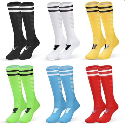 Vista 11 de 6 pares de calcetines elásticos de fútbol para niños, calcetines de tubo alto hasta la rodilla, coloridos calcetines de fútbol atlético para niños