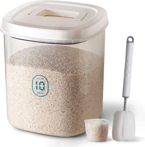 Vista 8 de Dispensador de arroz de 25 libras, contenedor de almacenamiento de arroz de 10.5 Qt/10 L/22-25 lbs con taza de medición y cepillo, contenedores