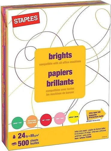 Vista 3 de Staples Brights - Papel multiusos de 8.5 x 11 pulgadas, hojas de colores surtidos de 24 libras, 500 resmas