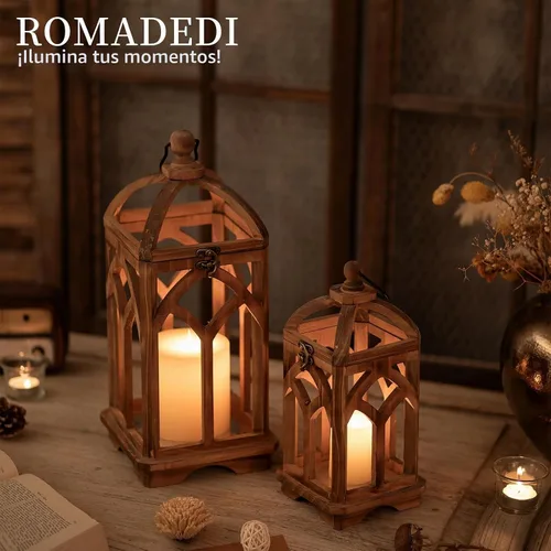 Vista 3 de Romadedi Farol de vela de madera de granja, juego de 2 candelabros decorativos de madera rústica, decoración del hogar, mesa de boda, centro
