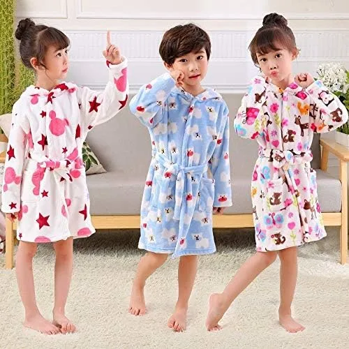 Vista 4 de Batas de baño con capucha para niñas, forro polar coral suave con estampado de animales para niños