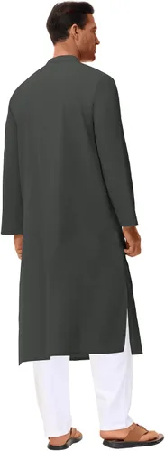 Vista 3 de LVCBL Kaftan para hombre, de manga larga, caftán, thobe, con abertura lateral, bata musulmana, con botones, túnica larga Gris-oscuro