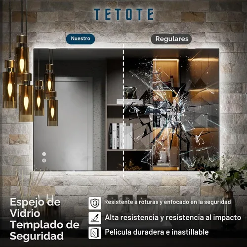 Vista 9 de TETOTE - Espejo retroiluminado para baño con luz, botón táctil regulable y función antivaho (horizontal o vertical)