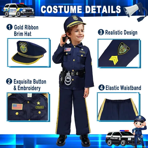 Vista 3 de Police Officer Costume for Kids - Boys & Girls, Cop Uniform for Role Play, Gift, Halloween & Career Day