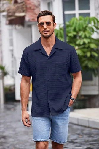 Vista 2 de COOFANDY Camisa de manga corta con botones para hombre, ajuste holgado, para playa cubana
