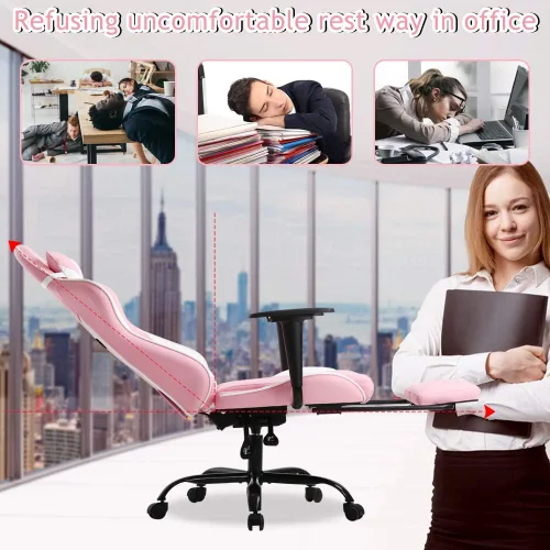 Vista 7 de Silla de oficina para videojuegos, silla de ordenador de respaldo alto, ergonómica para PC con soporte lumbar y reposapiés retráctil, de piel