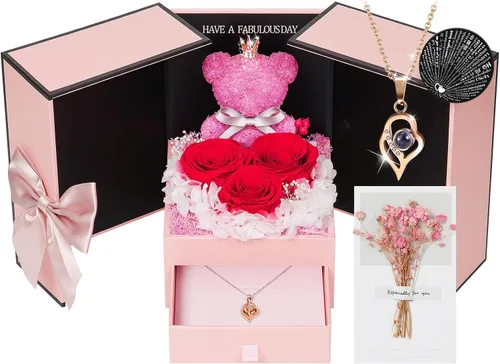 Vista 21 de ADDWel Regalos de Rosas Preservadas para Novia - Lindo Regalo de Oso de Rosas Eternas para Mamá Mujeres, Regalos de Cumpleaños para Novia - Caja