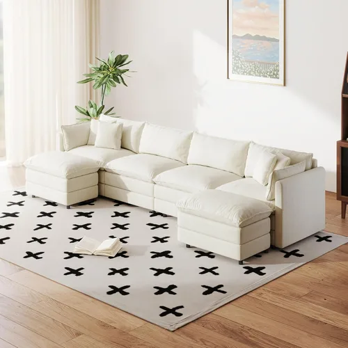Vista 56 de Setawix Sofá Profundo de 3 Plazas con Otomana, Sofás de Nube en Forma de L de 112.2" para Sala de Estar, Sofá de Nube de Chenilla con Asiento Café