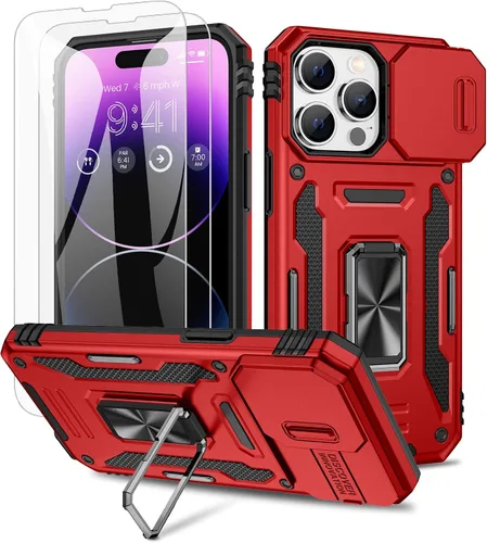 Vista 11 de Maxdara Funda para iPhone 14 Pro Max, con cubierta deslizante para cámara y soporte giratorio de 360° integrado y protector de pantalla de vidrio