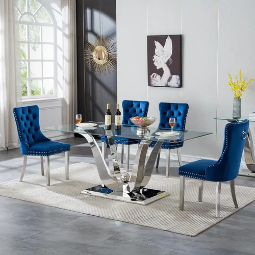 Vista 34 de Moderno juego de mesa de comedor de cristal de 5 piezas para 4, 70 pulgadas rectangular con 4 sillas copetudas de terciopelo beige, juego de mesa