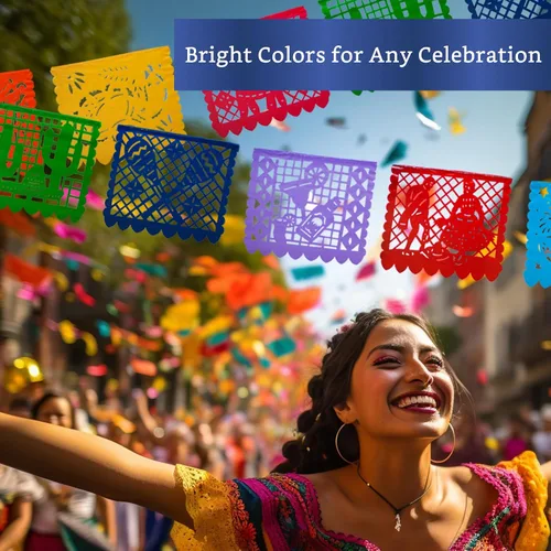 Vista 4 de Pancartas de fiesta mexicana (paquete de 5 con 10 banderas de plástico por bandera), papel picado mexicano para fiesta, papel picado de plástico