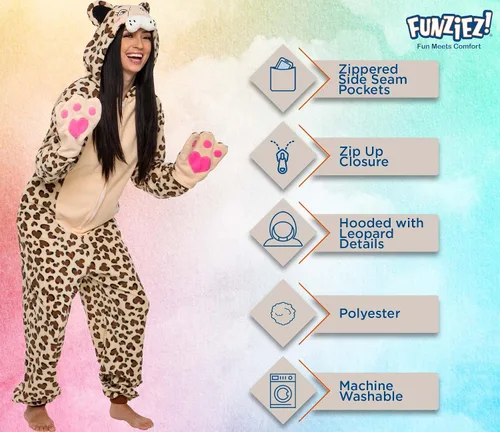 Vista 4 de Funziez! Slim Cat and Bear Adult Onesie - Leopard Halloween Costume - Plush Animal One Piece Cosplay Suit for Adults Women