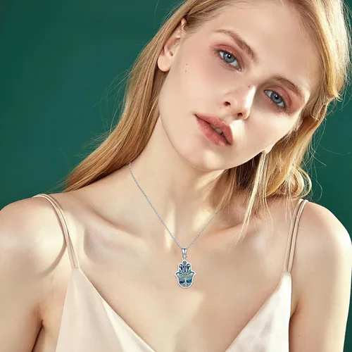 Vista 37 de Aniu Joyería de plata de ley 925 Hamsa de Fátima para mujer con circonita cúbica, viene con caja de regalo negra