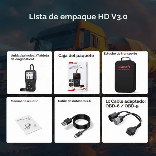 Vista 8 de iCarsoft Escáner de camión resistente HD V3.0 Herramienta de diagnóstico de escáner diésel para todos los sistemas, lector de código de prueba