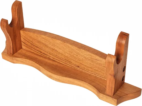 Vista 3 de Mythrojan Soporte de espada medieval de madera maciza horizontal para katana, samurái, gladiador, espadas cruzadas, soporte de mesa elegante, 1 nivel