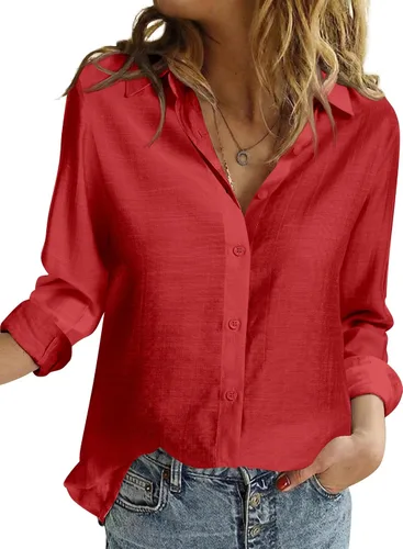 Vista 7 de Camisas de trabajo de lino con botones para mujer, blusas sólidas de manga larga