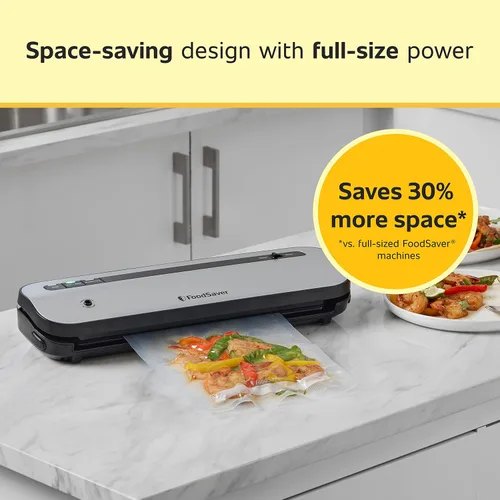 Vista 4 de FoodSaver Sellador al vacío que ahorra espacio con bolsas y rollo, plateado Sellador de tarros para sellador al vacío almacenamiento de alimentos