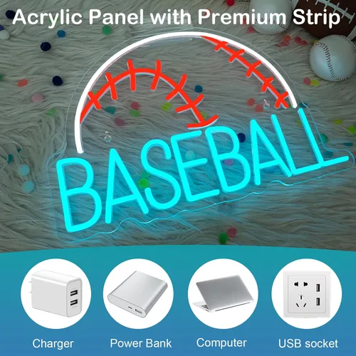 Vista 6 de Letrero de neón de béisbol, luz deportiva LED alimentada por USB, letrero azul usado para gimnasio, luz de béisbol para decoración de arte de pared