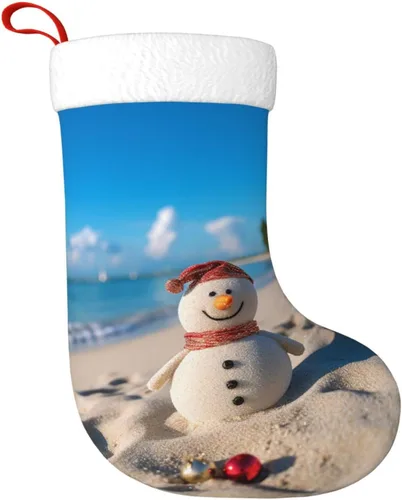Vista 3 de Muñeco de nieve de arena en la playa, medias de Navidad de felpa personalizadas, decoraciones de medias colgantes de Navidad para vacaciones, fiesta
