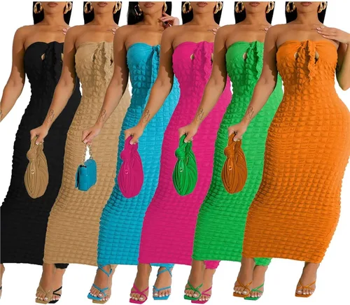 Vista 4 de Vestido sexy de palomitas de maíz con hombros descubiertos para mujer, vestido largo con cordones en la parte delantera, sin tirantes, ajustado