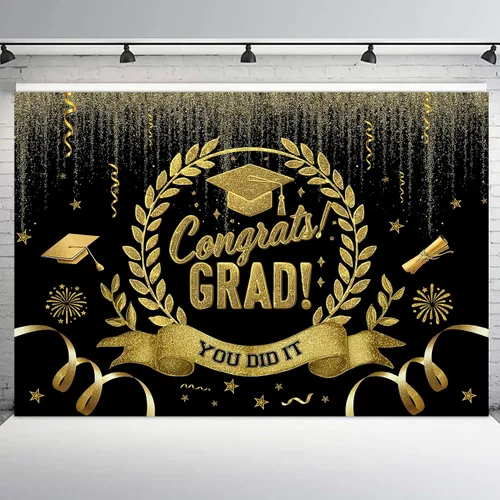 Vista 8 de Telón de fondo de graduación de 5 x 3 pies para sesión de fotos, globos negros y dorados, felicitaciones, graduados, clase de 2025, felicitaciones