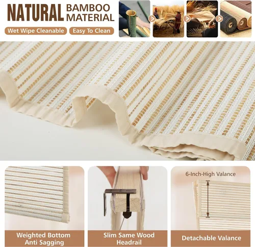 Vista 3 de Persianas romanas de bambú, persianas forradas de madera natural sin cuerda Persianas romanas de bambú con cenefa, persianas opacas inalámbricas