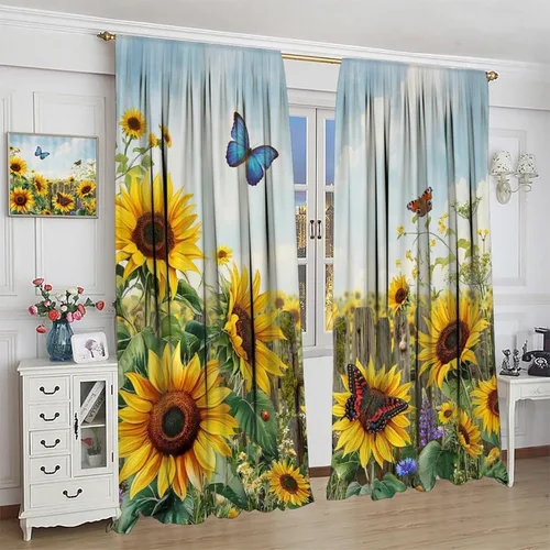 Vista 4 de Sunflower Curtains for Living Room Bedroom, Spring Nature Blue Sky and Butterfly Window Drapes, Rustic Wooden Fence Floral Botanical Decor, 2 Panels