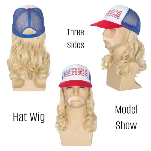 Vista 5 de Peluca rubia con sombrero de salmonete con bigote para hombres, disfraz americano del 4 de julio, pelucas divertidas para hombres
