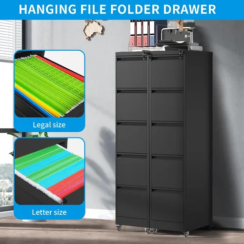 Vista 5 de Archivador de 5 cajones con cerradura, archivadores de metal sobre ruedas, cajones verticales de acero para oficina, almacenamiento para colgar