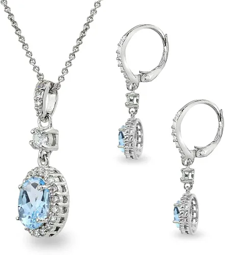 Vista 6 de B. BRILLIANT Juego de collar y aretes colgantes ovalados de plata esterlina con piedras preciosas genuinas o sintéticas para mujeres y niñas con caja