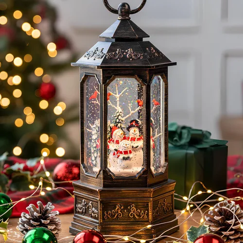Vista 21 de Globo de nieve de Navidad con agua brillante de muñeco de nieve con música y temporizador, linterna iluminada con pilas para regalos de decoración
