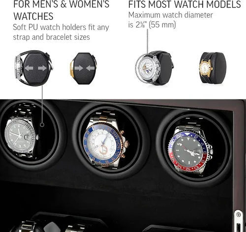 Vista 4 de Bobinador de reloj para 7 relojes con retroiluminación interior opción de parada del motor y opción de alimentación de batería
