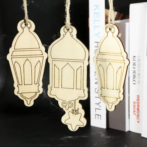 Vista 5 de Boao Placa colgante de madera de Ramadán, 2 piezas, farol, ornamento de pared, decoración del hogar para Eid Ramadán, 2 piezas