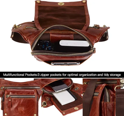 Vista 6 de LATÓN TACKS cuero vintage hecho a mano motocicleta al aire libre bicicleta gota cuero pierna bolsa para hombres mujeres muslo bolsa cintura riñonera