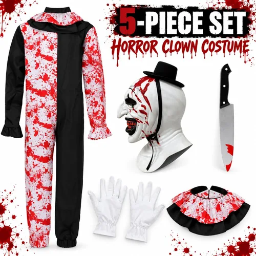 Vista 2 de 5Pcs Art Clown Costume Adults Terrifying Mask Halloween Outfit Red