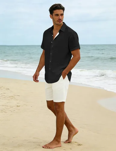 Vista 5 de Camisas de lino con botones para hombre, camisa casual de manga corta, sin pliegues, vestido de boda de verano, camisa de vacaciones en la playa