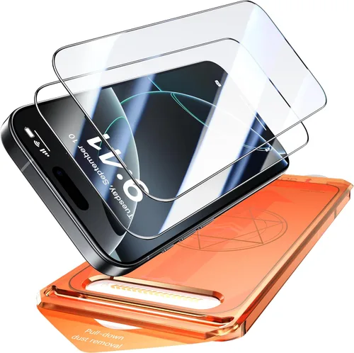 Vista 16 de Paquete de 2 protectores de pantalla para iPhone 15 Pro, dureza 9H, protector de pantalla de vidrio templado con kit de alineación automática