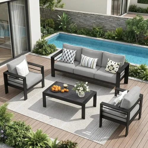 Vista 16 de Solaste Sofá de aluminio para patio con mesa auxiliar, juego de 3 muebles de patio con cojines, sofá de exterior para todo tipo de clima
