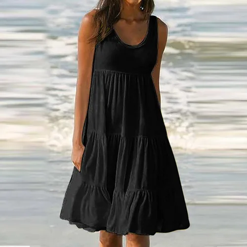 Vista 2 de Lisgai Vestido de verano para mujer, sin mangas, acampanado, cuello redondo, mini vestido liso, degradado, suelto, corto, plisado, vestido de verano