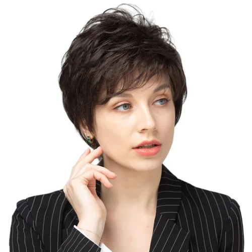 Vista 5 de EMMOR Pelucas Cortas Marrones para Mujeres Mezcla de Cabello Humano con Fibra de Memoria Saludable Corte Pixie, Peluca de Cabello Natural de Uso