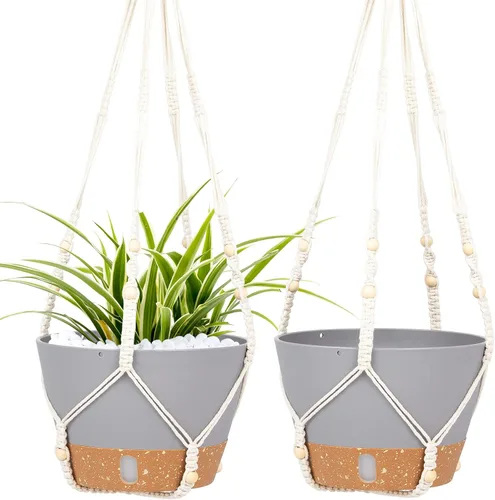 Vista 20 de Paquete de 2 macetas colgantes de riego automático de 7.2 pulgadas para plantas de interior y exterior, macetas colgantes de macramé de 34 pulgadas