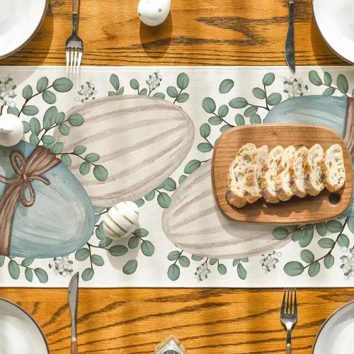 Vista 7 de Artoid Mode Camino de mesa de Pascua de huevo de eucalipto, decoración de mesa de comedor de cocina de primavera para interiores y exteriores Beige