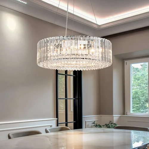 Vista 8 de Lingkai Candelabro de Cristal Moderno de 15.8" Cromado Redondo Semi Empotrado Luminaria de Techo Candelabro para Sala de Estar Comedor Dormitorio