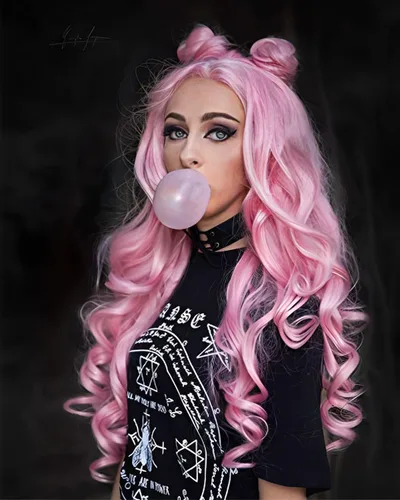 Vista 4 de IMSTYLE Peluca sintética larga y ondulada con encaje frontal rosa para mujer, línea capilar natural, para fiesta de cosplay, Halloween, resistente