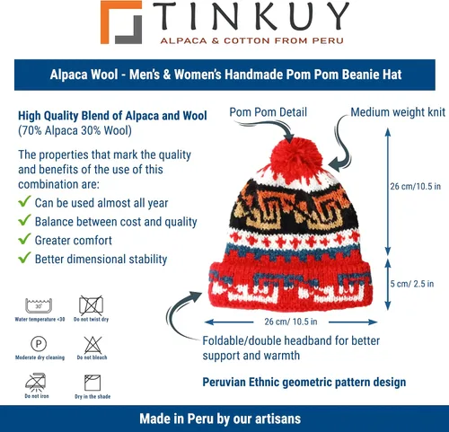 Vista 4 de TINKUY Peru - Gorro de invierno de lana de alpaca hecho a mano, unisex, talla única