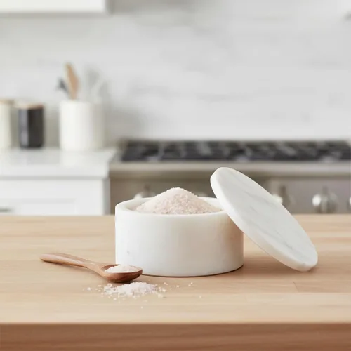Vista 4 de Queenza Bodega de sal de mármol blanco con tapa, cuenco de sal de mármol hecho a mano de 3 pulgadas, contenedor de sal kosher, recipiente