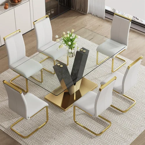 Vista 36 de Juego de mesa de comedor de cristal de 71 pulgadas para 4, juego de mesa de cocina moderno para 4, juego de mesa de comedor para el hogar
