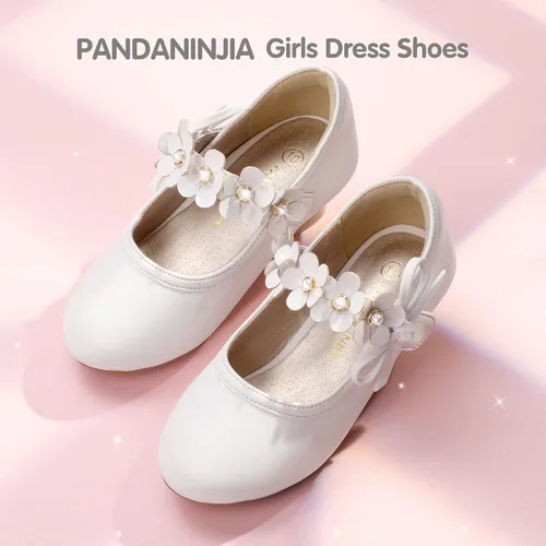 Vista 7 de PANDANINJIA Zapatos de vestir para niñas, zapatos de tacón Mary Jane, zapatos de tacón de flores para fiesta de boda de regreso a clases, zapatos